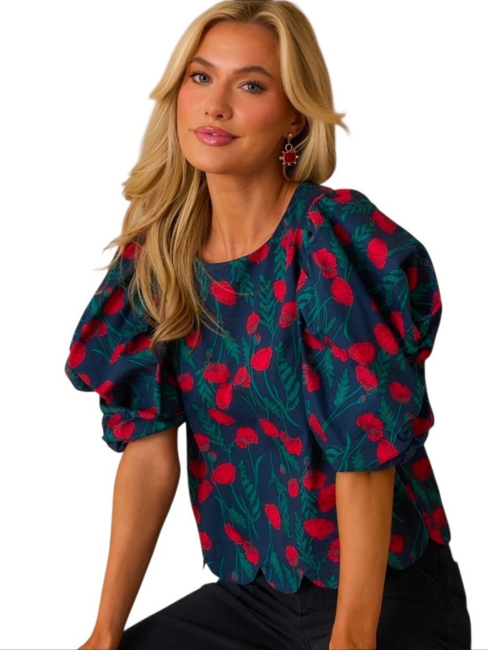 NWT ENTRO Navy Poppy Print Puff Sleeve Scalloped Hem Top - Large